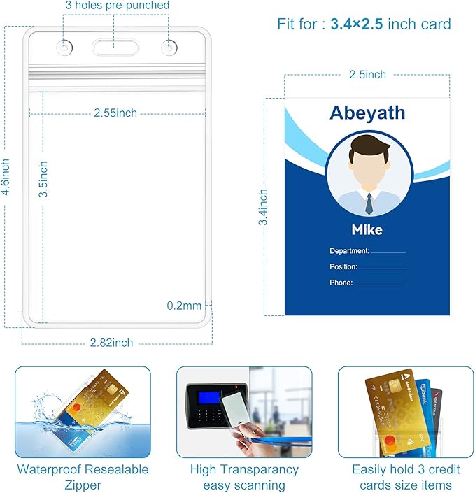 ABEYATH 10 Pack Extra Thick ID Card Name Badge Holder Heavy Duty Waterproof Clear Plastic PVC Vertical Sleeve Pocket Resealable