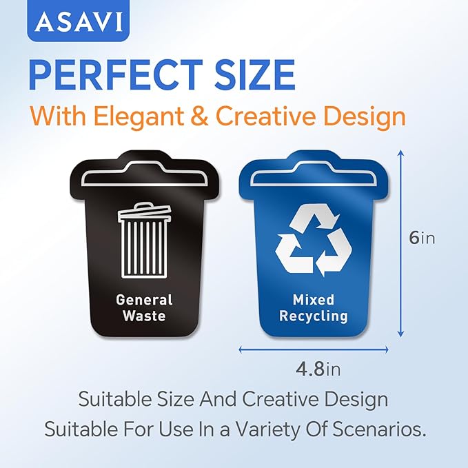 ASAVI Trash Sorting Stickers (6-Pack) – 6x4.8 Waterproof Vinyl Waste Labels with Strong Adhesive, Durable Outdoor/Indoor Use, Icon-Based Design for Home, Office, Commercial Bins (Bucket-Shaped)
