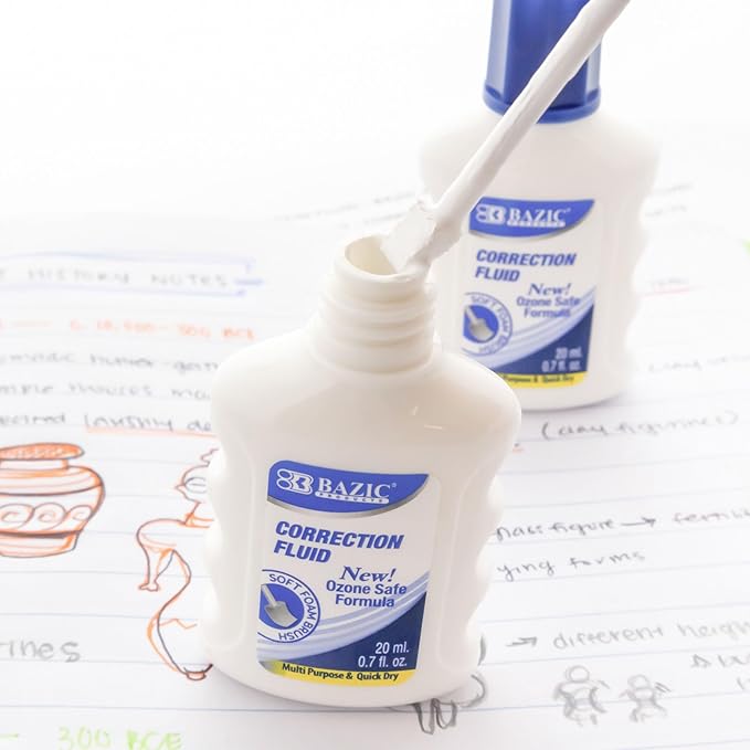 BAZIC Products Correction Fluid (0.7oz/20 ml), Foam Brush Applicator, Corrections Pen, White Out Liquid, Total 576-Count