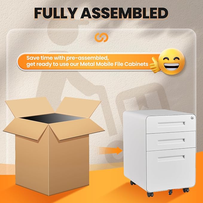 AFAIF 3 Drawer File Cabinet, Fully Assembled Mobile File Cabinets with Lock for Home Office, Metal Rolling Filing Caninet on Wheels, Three Drawer Under Desk Cabnet for Letter/Legal / A4 - White