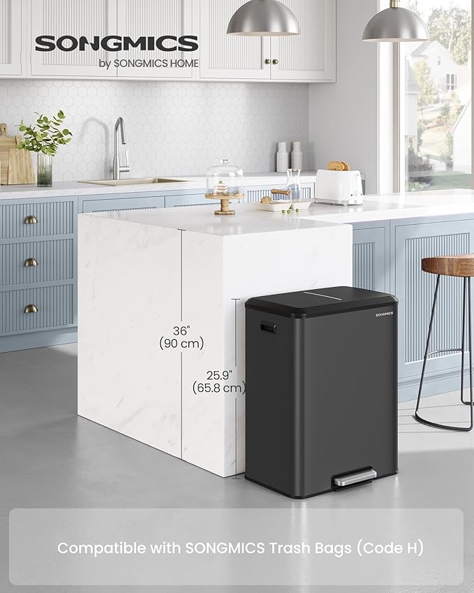 SONGMICS Trash Can, 2 x 8 Gallon (2 x 30 L) Double Garabge Can for Recycling and Waste, Stainless Steel, Soft-Close Lid, Inner Buckets, Wide Sturdy Pedal, Ink Black ULTB556B01