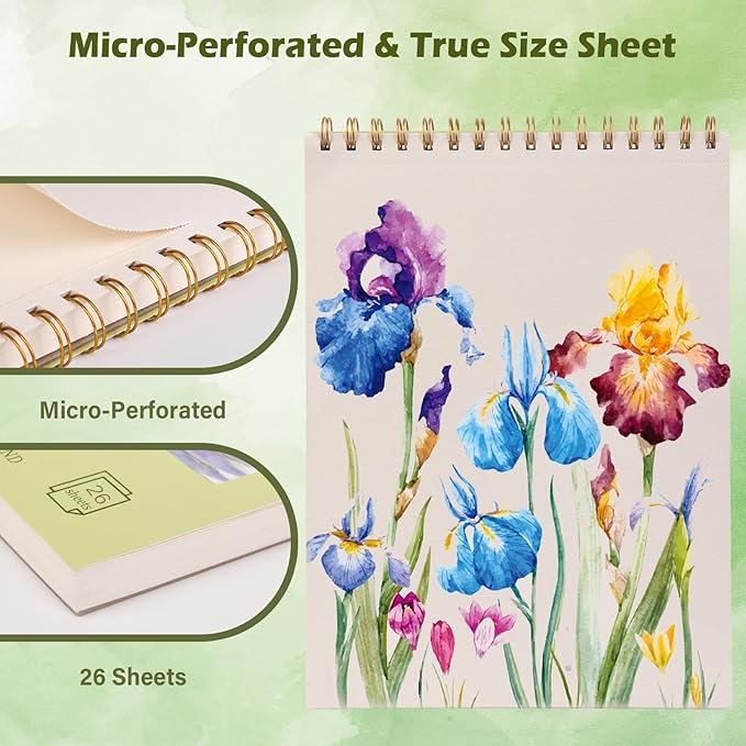 Watercolor Paper Pad 8" x11” (26Sheets, 140lb/300g), Spiral - Bound with Tear - Line. Artist-Grade Mixed Media Sketchbook- Water Color Paper for Adults Kids-Watercolor Sketches,and Art Journals