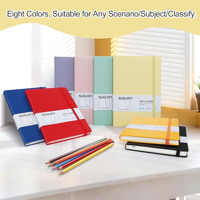 SUQJOY Lined Journal Notebooks for Writing, 100 GSM Thick Paper, 8 Pack Hardcover Notebooks, A5 College Ruled Notebook, Journaling Notebook for School/Travel/Office (Assorted Color- 8 Pack)