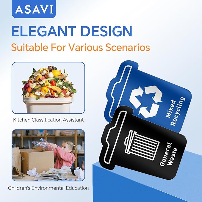 ASAVI Trash Sorting Stickers (6-Pack) – 6x4.8 Waterproof Vinyl Waste Labels with Strong Adhesive, Durable Outdoor/Indoor Use, Icon-Based Design for Home, Office, Commercial Bins (Bucket-Shaped)
