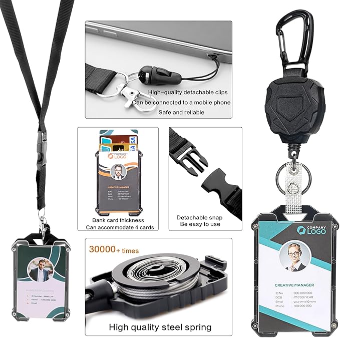 AIDSOTOU Heavy Duty Retractable Keychain Carabiner Badge Reel ID Badge Holder Retractable Clip with Breakaway Lanyard ID Cards Holder Cool Tactical ID Holder