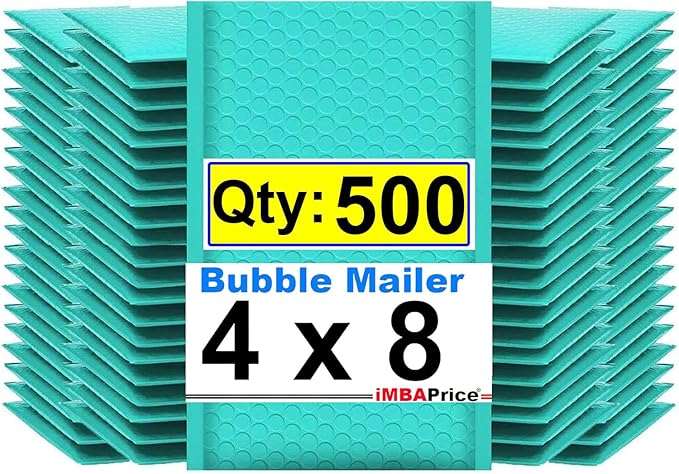 iMBAPrice 4x8 Inch Teal Poly Bubble Mailers #000, 500-Pack – Poly Bubble Bags for Jewelry, Cosmetics & Small Art Items, Waterproof Self Seal Padded Shipping Envelopes