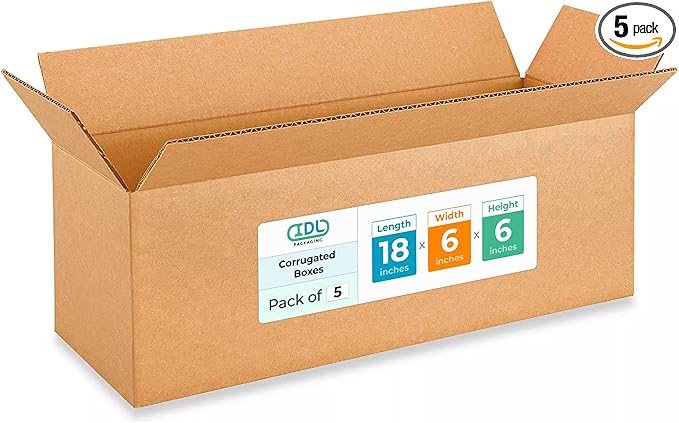 Long Moving & Shipping Boxes 18 x 6 x 6 inches (5-Pack) - Extra Strength 200 lb vs Regular - Corrugated Moving Boxes for USPS/UPS/FEDEX - Durable Shipping Box - Cardboard Box by IDL Packaging