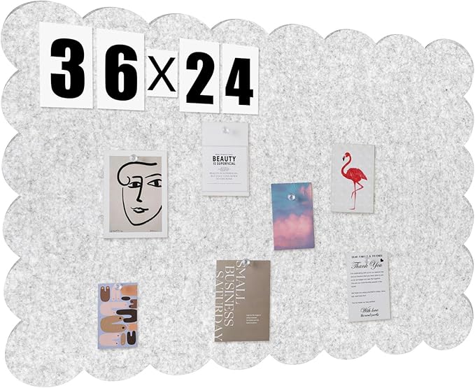 Mooliwe Scalloped Felt Bulletin Board 36 x 24 Inches Foldable Light Gray Pin Cork Board Alternative for Wall, 3' x 2' Trifold Picture Vision Self Adhesive Bulletin Decorative