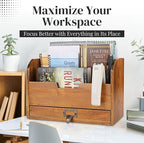 Flexzion 3 Tier Wooden Desk Organizer - Country Rustic Compartments Slot File Tray Pencil Sorter Shelf Holder Supplies Rack Accessories Set with Storage Drawer for Desktop Tabletop Office Home Brown