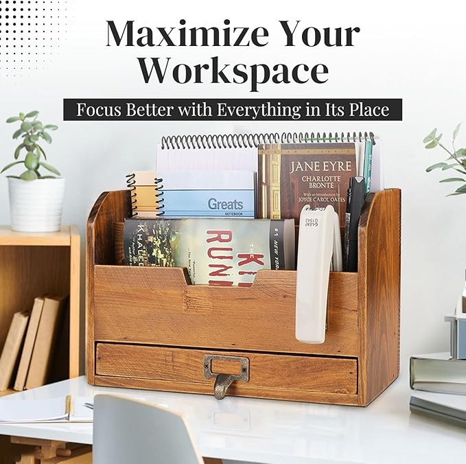 Flexzion 3 Tier Wooden Desk Organizer - Country Rustic Compartments Slot File Tray Pencil Sorter Shelf Holder Supplies Rack Accessories Set with Storage Drawer for Desktop Tabletop Office Home Brown