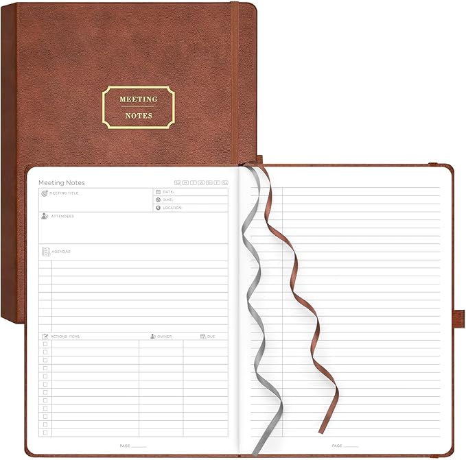 EMSHOI Meeting Notebook for Work with Action Items - 320 Pages B5 Thick Project Planner Agenda Organizer Work Notebook for Women Men Office Business Notes, PU Leather Hardcover, 7.5" x 10", Coffee
