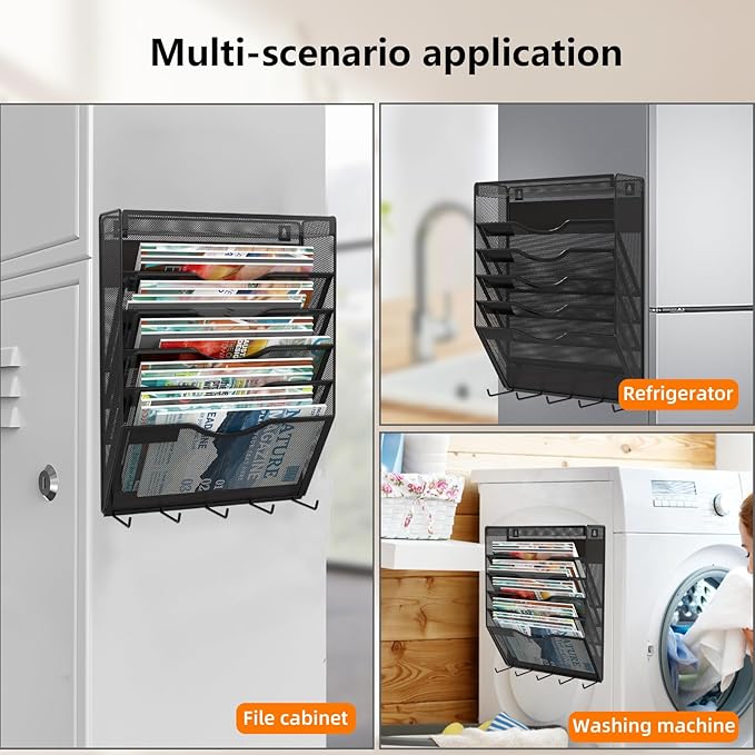 KZWKRG 6 Tier Magnetic File Holder with Hook, Magnetic File Organizer Folder Holder, Wall File Organizer, Hanging Magnetic Paper Holder for File Cabinets, Office, Whiteboard, Magnetic Mail Holder