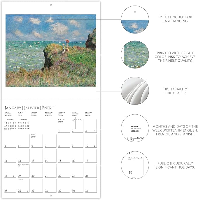 Graphique 2026 Monet Wall Calendar | 12” x 12” | Thick Paper | Home & Office Organizer | Large Monthly Grid | 3 Languages & Marked Holidays | 4 Month Preview Page for 2027