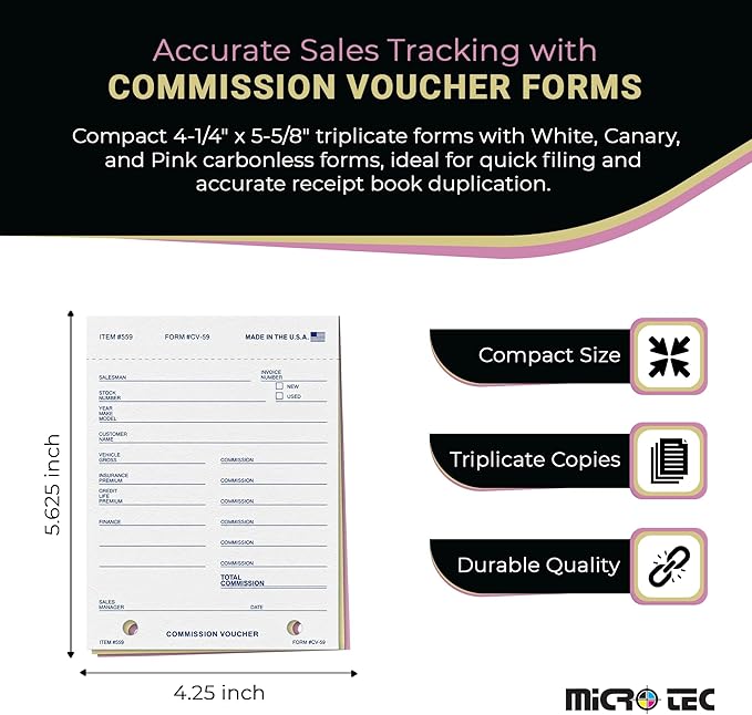 Commission Voucher Book CV-59-3 Part Carbonless Forms, Triplicate NCR Receipt Book, Snap-Out Pre-Punched with File Holes Commission Vouchers, Blue Ink, 4.25 x 5.625 Inch - Pack of 200