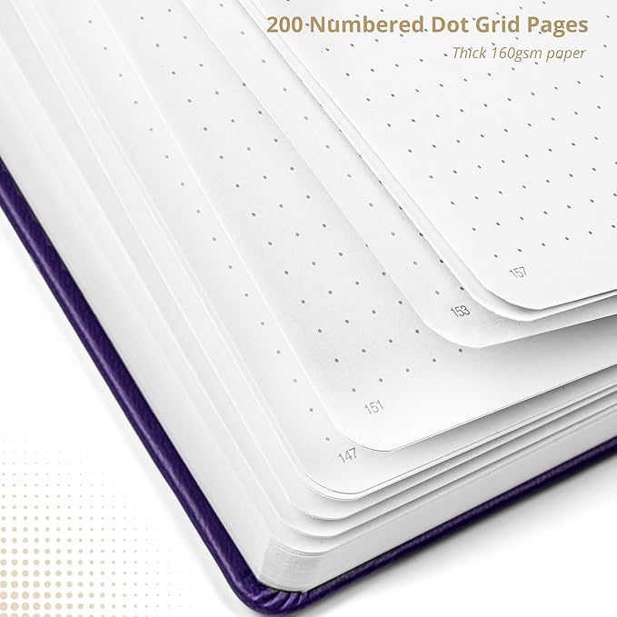 VIVID SCRIBBLES A5 Bullet DOTTED Journal – 160GSM Bleed-Proof Dotted Notebook with 200 Numbered Dot Grid Pages, Lay-Flat Hardcover with Pen Loop & Expandable Pocket (Purple Moon Design)