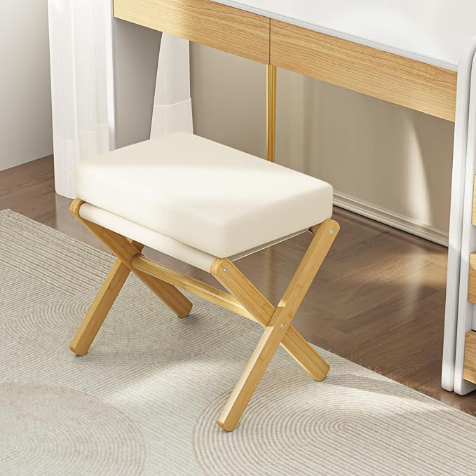 BAMBOOHOMIE Foldable Foot Stool Ottoman, Modern Foot Rest with Bamboo X Legs & Thick Foam Cushion, Folding Foot Stools Small Padded for Bedroom Living Room, Footstool for Chair Couch (Natural - Beige)