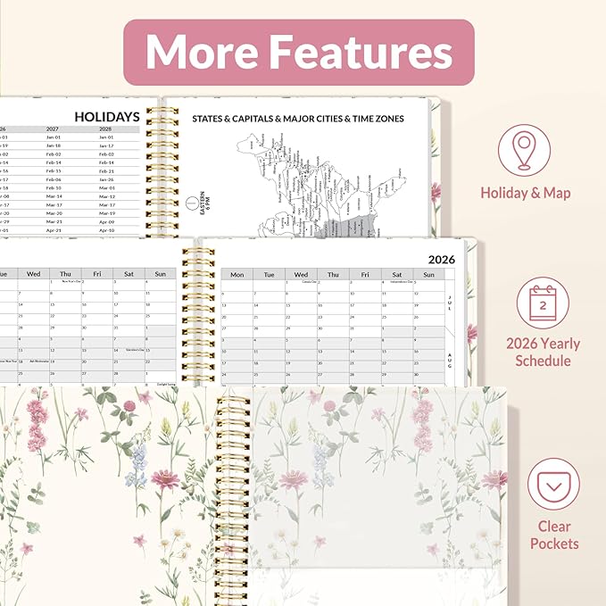 SUNEE 2026 Weekly and Monthly Planner - from January 2026 - December 2026, Daily Agenda Planner with Monthly Tab, Flexible Cover, Note Pages, Pockets, Bookmark, Spiral Binding, Wildflowers, 8.5"x11"