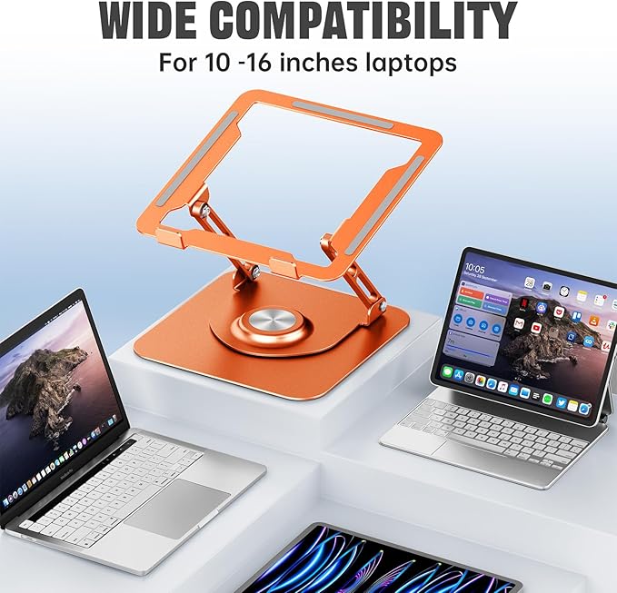 JOYEKY Laptop Stand for Desk, Adjustable Computer Stand with 360° Rotating Base, Ergonomic Laptop Riser for Collaborative Work, Foldable & Portable Laptop Stand, fits for All 10-16" Laptops (Orange)