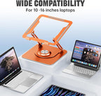 JOYEKY Laptop Stand for Desk, Adjustable Computer Stand with 360° Rotating Base, Ergonomic Laptop Riser for Collaborative Work, Foldable & Portable Laptop Stand, fits for All 10-16" Laptops (Orange)