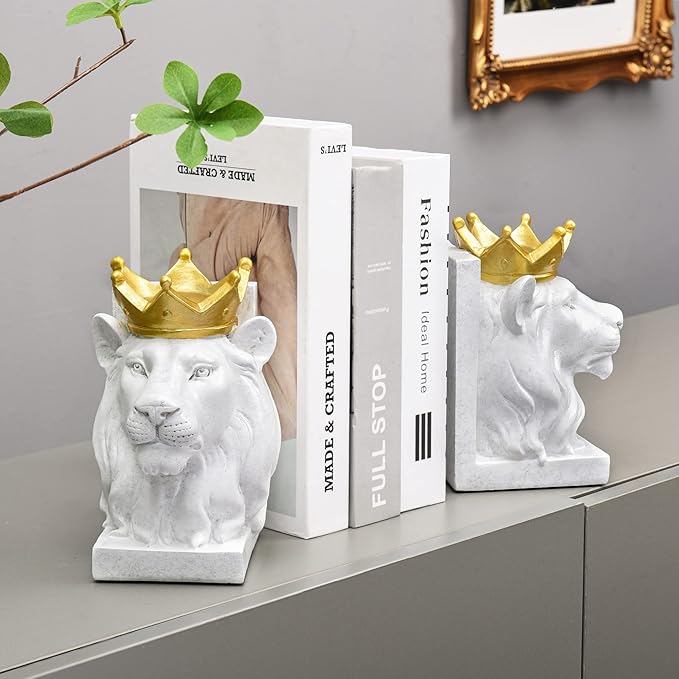 Kakizzy Decorative Lion Bookends - Modern Animal Book Stoppers for Heavy Books - White Lion Figurines
