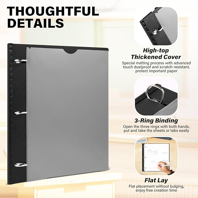 MAKHISTORY 1 Inch Telescoping 3 Ring Binder-12PCS, Flexible Binder with Customized Front Cover, Holds 225 Sheets, School Office Supplies, Black