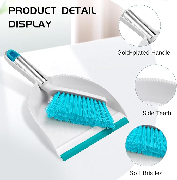 NACENA Mini Broom and Dustpan Set, Small Dust Pan and Brush Set with Handle Dustpan Teeth for Cleaning Hair Suitable for Office Desks Drawers Sofa Outdoor Camping, Light & Blue
