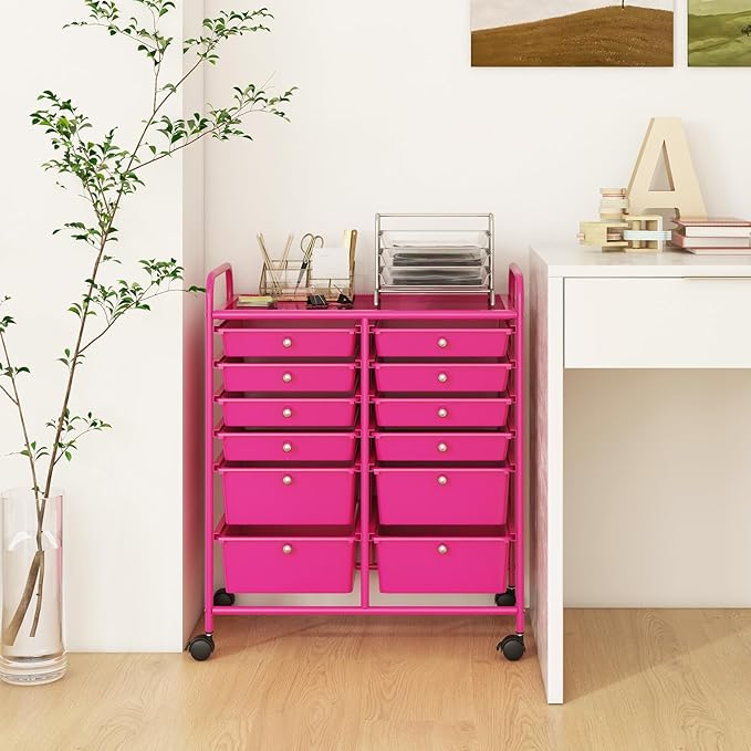 Happygrill 12-Drawer Rolling Storage Cart, Multipurpose Storage Cart W/Lockable Wheels, 2 Sizes Plastic Drawers & Metal Shelf, Mobile Utility Cart for Home Office School (Hot Pink)
