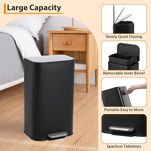 DYTesa 8 Gallon Black Stainless Steel Foot Pedal Trash Can | Rectangular Slim Design Saves Space | Soft-Close Lid & Removable Inner Bucket | Stylish Garbage Bin for Kitchen, Office, Living Room