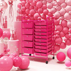COSTWAY 15-Drawer Rolling Storage Cart, Mobile Utility Cart with Heavy-duty Frame & Lockable Wheels, Multipurpose Storage Organizer for Tools, Paper, Office, School, Hot Pink
