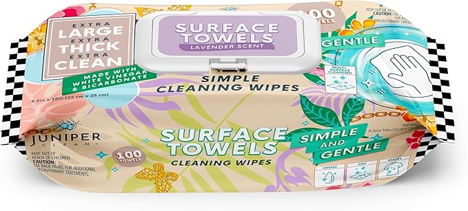 Juniper CLEAN Single Surface Cleaning Wipes Bleach Free, Thick & Large Dispose, All-Purpose Cleaner for Bathroom, Kitchen, Office, 100 Count Soft Flow, Biodegradable, Lavender Scent