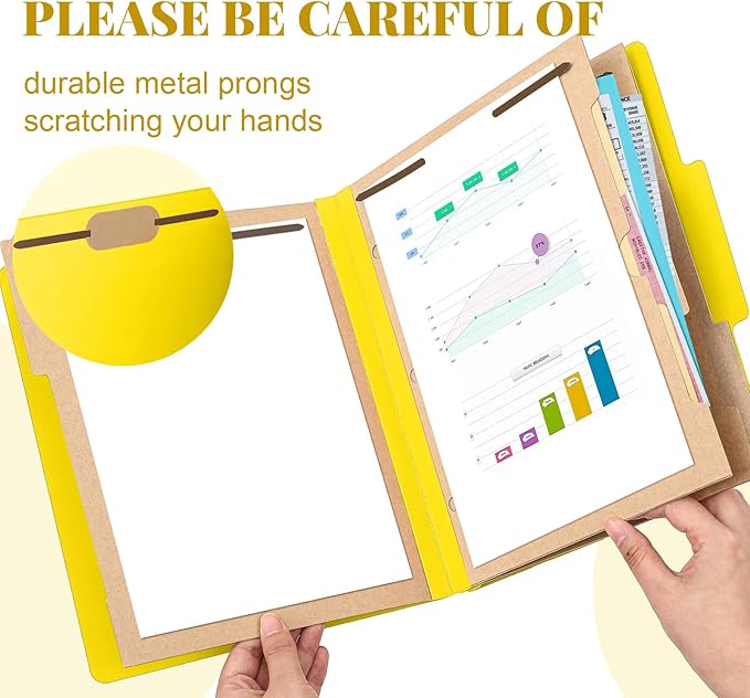 12 Pcs Classification Folders Letter Size 3 Pocket Dividers Employee File Folder with 2 Prongs Fasteners, 2 in Expansion Heavy Duty Pressboard File Holder for School Office Medical Document(Yellow)