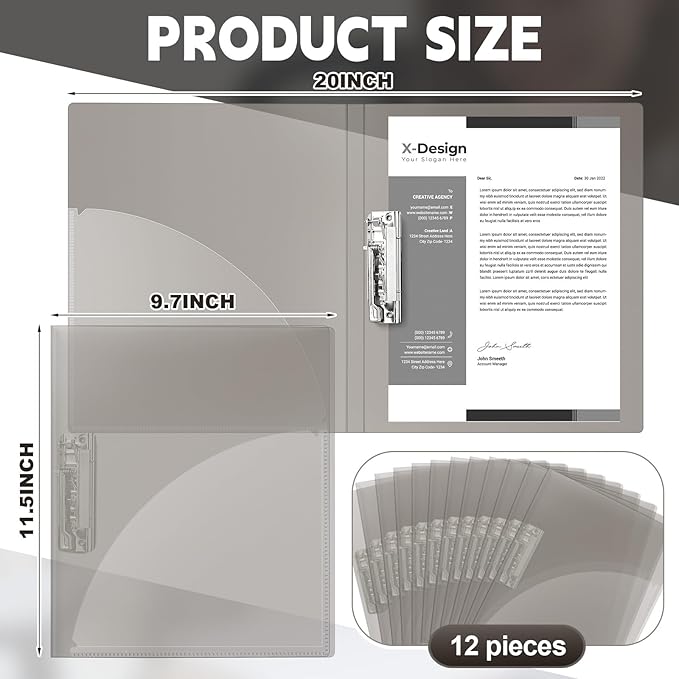 Teling 12 Pack Punchless Clamp Binder Folder 8.5 x 11 Inch Ringless Binder Holds with Pocket, Flexible Metal Clip and Poly Covers, 100 Letter Size Pages, for Work, School (Transparent Gray)