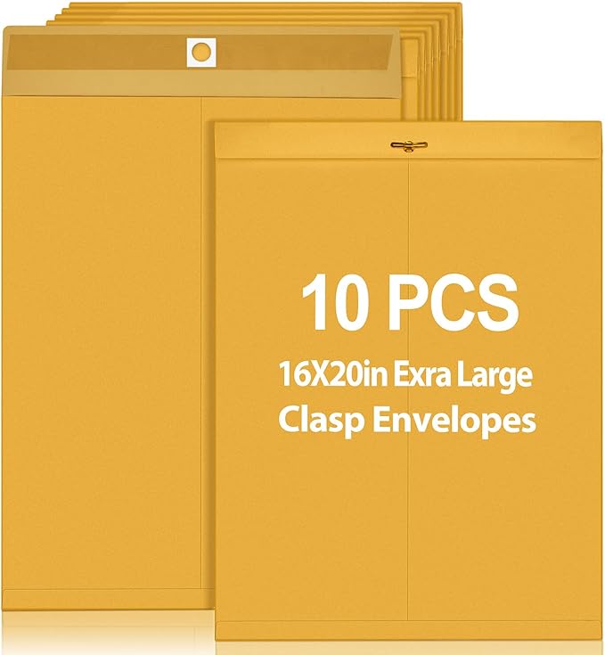 Motipuns 10 Pcs Manilla Envelopes 16 x 20 Inch Large Clasp Envelope Catalog Envelopes with Clasp Closure for Mailing Thick Documents Home, Business, Legal or School Storing Mailing (Golden)