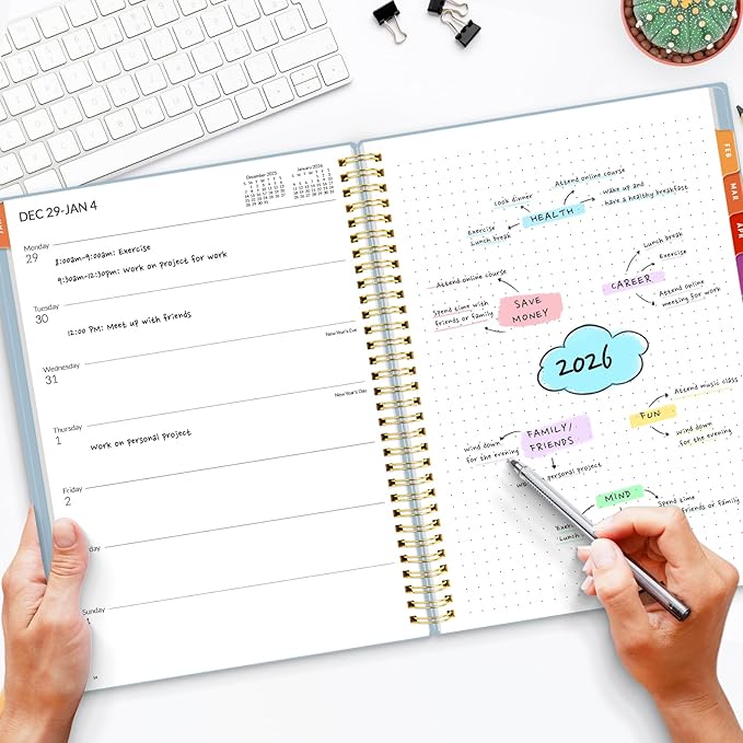 SUNEE 2026 Planner, Weekly and Monthly Calendar Planner, January 2026-December 2026, Daily Agenda with Tabs, Note Pages, Spiral Binding, 8.5"x11", Blue