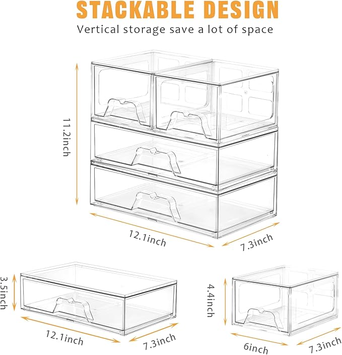Stebopum 3 Pack Stackable Storage Drawers Clear Acrylic Organizer Makeup Bathroom Organizer and Storage for Beauty Supplies,Ideal for Vanity, Cabinet,Bathroom,Pantry Organization