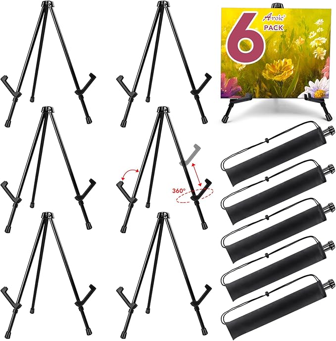AROIC 6 Pack 14'' Tabletop Easels, Black Steel Table Top Easels for Display, Adjustable Portable Table Top Easel for Paintings, Signs, Posters,Frame Pictures(with 6 Bags)