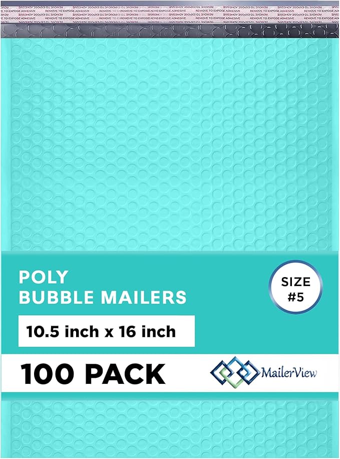 Teal 10.5x16 Inch Large Poly Bubble Mailers #5 | Padded Envelopes with Self Seal | Air Lined Cushioned Bubble Mailer | Usable Size 10.5x15 | 100 Pack Bulk | Lightweight shipping Bags