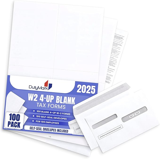 100 W2 Forms 2025 with Envelopes, Blank W2 4 UP Tax Forms, Compatible with QuickBooks, Sage and other programs, Ideal for E-Filing, Laser or Inkjet Printers, 100 Sheets and 100 Self Seal Envelopes
