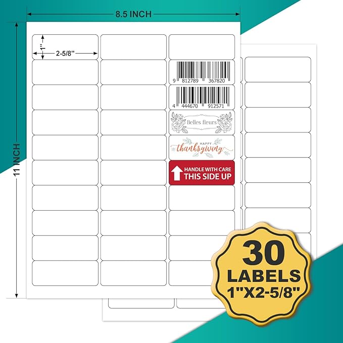 Address Labels 1’’x2-5/8’’ Stikcer Paper 30-UP 500 Sheets for Laser/Inkjet Printer Matte 15000 White Blank Printable Labels on 8.5x11 Inch for Mailing, Shipping, and Organizing