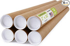 2" x 36" Reinforced Kraft Paper Mailing Tubes, Pack of 6 Tubes with 2 Caps Each – USPS Approved Poster Tube – Made in USA Cardboard Tube for Shipping and Storing Posters, Prints, Artwork, or Documents