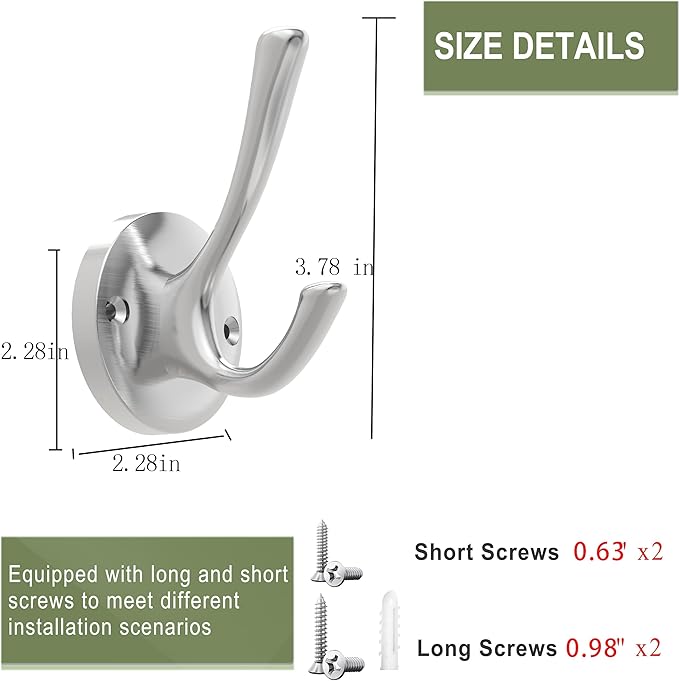TOFIIGREM Brushed Nickel Wall Hooks Towel Hooks, 2 Pack Coat Robe Hook Heavy Duty Bathroom Double Hook Wall Mounted, Hand Towel Hooks for Closet Entryway Cubicle Kitchen
