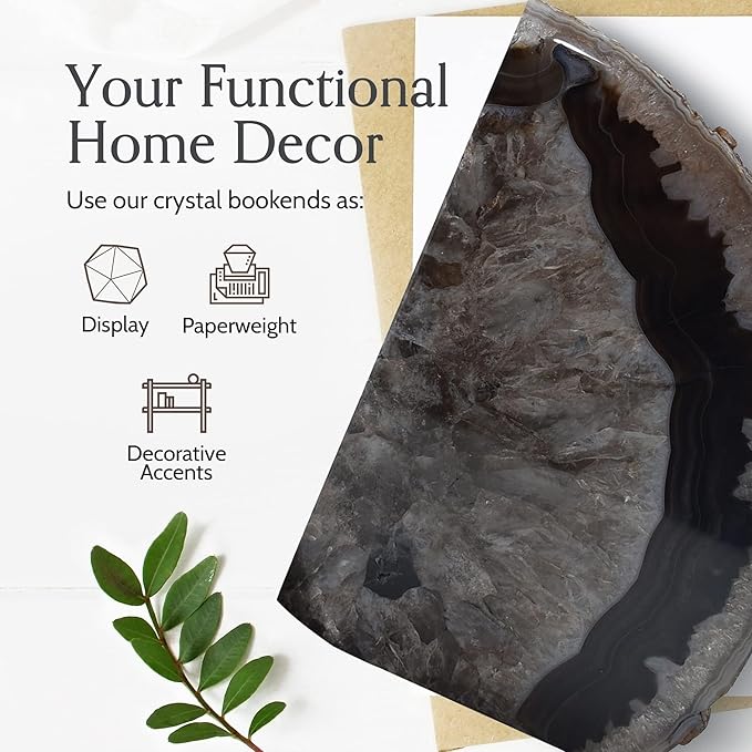 Nature's Decorations A Quality Black Agate Geode Bookends - Heavy Duty with Non-Skid Rubber Bumpers for Shelves, Office, Home Decor - Cool Crystal Stone (1 Pair 3-4 LB)
