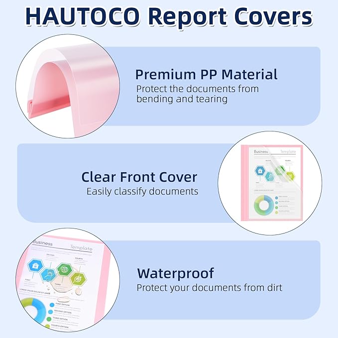 HAUTOCO 30 Pack Plastic Report Covers with 3 Prongs Fasteners Clear Front Resume Portfolio Folder for 8.5x11 Letter Size Paper, Presentation Document Report Cover for School Office Business, 10 Colors