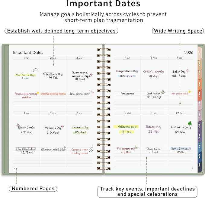 RETTACY 2026-2027 Monthly Planner, Jan 2026 - Dec 2027, Large Size (8.5" x 11"), Agenda, Calendar, 24 Month Tabs, Flexible Plastic Cover, 100 GSM Thick Paper, Spiral-bound (Light Green)