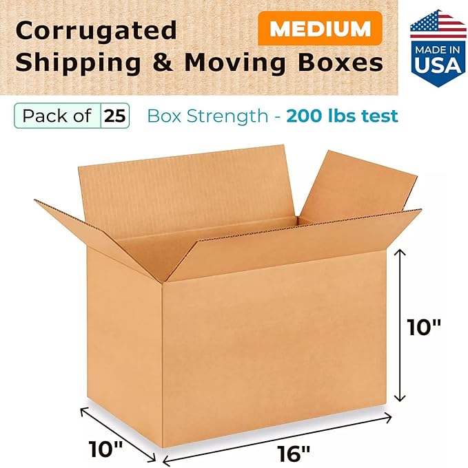 Medium Shipping & Moving Boxes 16"L x 10"W x 10"H (25-Pack) - Extra Strength 200 lb vs Regular - Corrugated Durable Packing Boxes for Moving - Medium Cardboard Box - Cardboard Box by IDL Packaging