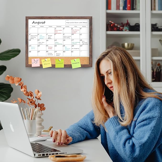 Calendar Whiteboard for Wall, 17x13 Inches White Board Calendar Dry Erase, Small Magnetic White Board with Wood Frame, Hanging Dry Erase Board for Kitchen Home Office School Planner
