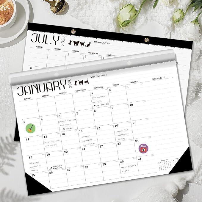 Desk Calendar 2026 - With 2 sticker, 17-Month (Aug 2025 - Dec 2026) Large 17x12 Inches, Desktop/Wall Monthly Calendar for Home, School & Office (Cat)