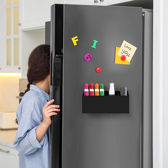 HBlife Magnetic Dry Erase Marker Holder for Whiteboard with 3 Compartments, Acrylic Wall Mount Magnet Pen Pencil Holder for Refrigerator, Locker Organizer Accessories for Classroom Office, Black