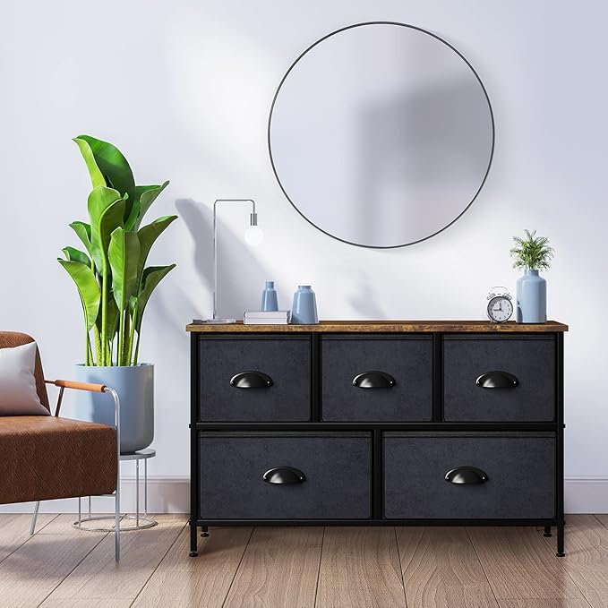 Sorbus Dresser with 5 Drawers - Storage Chest Organizer Unit with Steel Frame, Wood Top, Easy Pull Fabric Bins - Long Wide TV Stand for Bedroom Furniture, Hallway, Closet & Office Organization