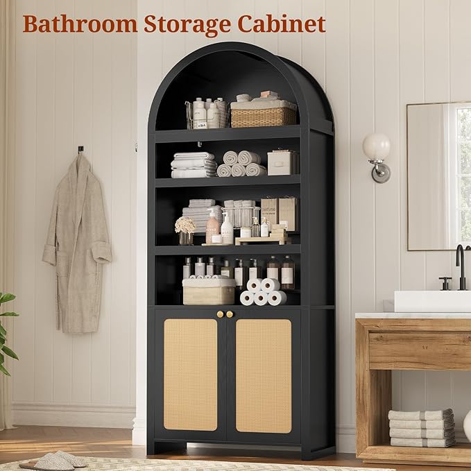 81" Tall Arched Cabinets,Bookcase with storage,Mid-Century Modern 6-Tier Bookshelf with Door,2 Book Risers and Adjustable Shelves offering more storage space for Living Room,Home Office,Black+Oak